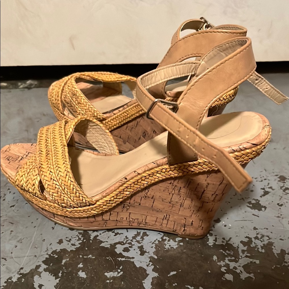 Me Too Tan Espadrille Wedges with Ankle Strap